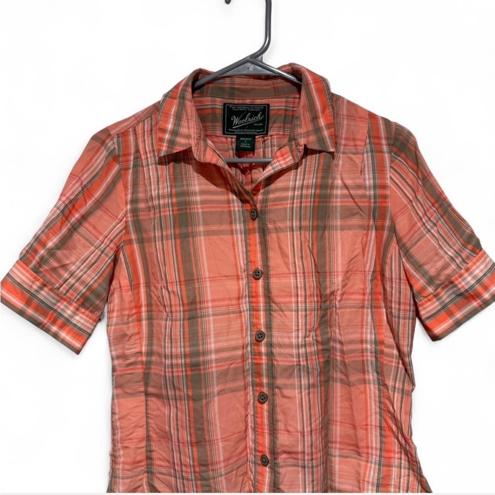 Woolrich Plaid Button-Up Short Sleeve Shirt Orange, Gorpcore Outdoors Cabin core - Picture 3 of 12